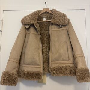 H&M Tan Bomber Jacket with Shearling Trim